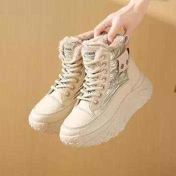 Fleece high-top windproof boots for women, winter new student ins Korean version of warm casual platform cotton shoes 35