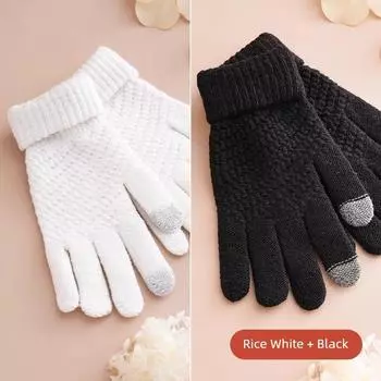 Fleece-lined Thickened Cold Protection Outdoor Wool Touch Screen Gloves Hot: [Black + White] touch screen/no hair One size