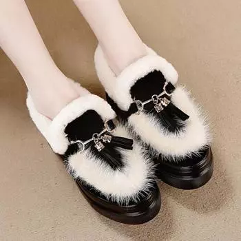Fleece thick-soled women s cotton shoes women s autumn and winter 2024 new Mao Mao shoes with an inner height of 8cm high heel and a pedal of mu 34 чёрный