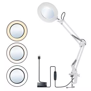 Flexible Clamp-on Table Lamp with 8x Magnifier Swing Arm Dimmable LEDs Desk Light 3 Color Modes & 10 Brightness Levels Reading чёрный