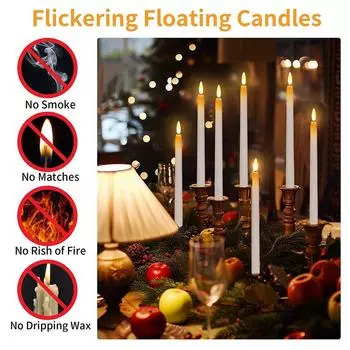 Floating Candles with Magic Wand Remote LED Flickering Flameless Warm Hanging Candle Battery Operated Birthday Halloween Party