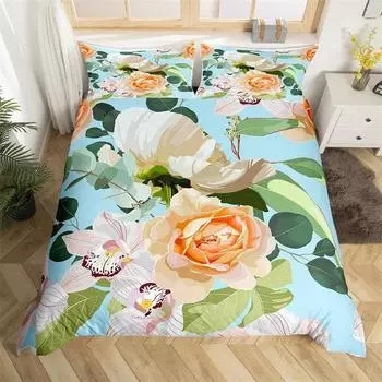 Floral Leaves Bedding Set Microfiber Butterfly Duvet Cover Lotus Flowers Comforter Cover Full King for Kids Adults Bedroom Decor EU single(135x200cm)