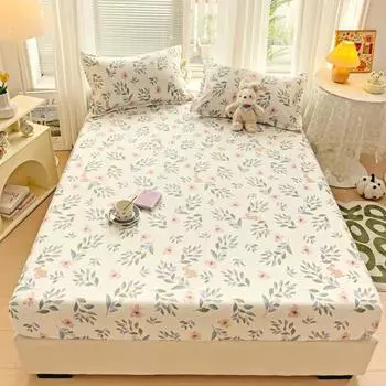 Floral Leaves Pattern Fitted Sheet Set 100% Cotton Comfortable Soft Bedding Set Plants Printed Mattress Cover with Pillowcases 120x200x25cm 3Pc