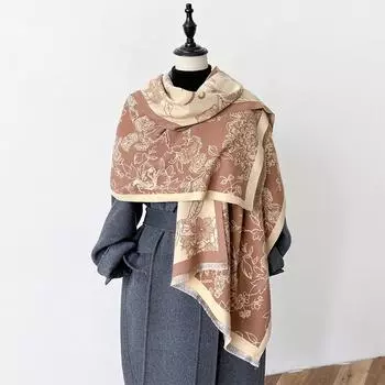 Flower And Plant Texture Double-Sided Scarf, Winter High-End Warm Shawl, Outer Cover For Women 185cm красный