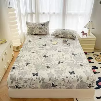 Flower Butterfly Pattern Winter Flannel Fitted Sheet Set 3Pcs Ultra Soft Plush Warm Velvet Mattress Cover Queen Size Bedding Set 150x200x28cm 3Pcs