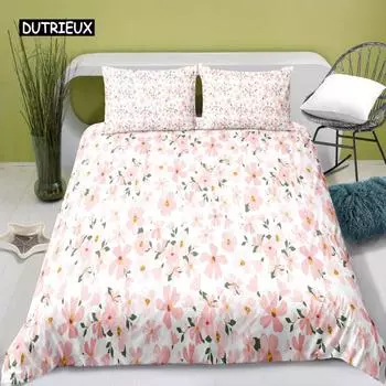 Flower Duvet Cover Set Pink Floral Small Fresh Style Bedding Set for Kids Girls Flower Theme Soft Microfiber 2/3pcs Quilt Cover EU single(135x200cm)