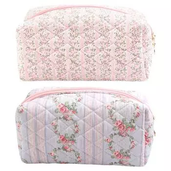 Flower Printed Zipper Makeup Bag Aesthetic Storage Organizer Quilted Cotton Women Toiletry Clutch Bags Large Travel Cosmetic Bag розовый