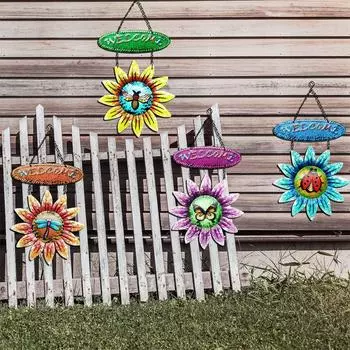 Flower Wrought Iron Crafts Welcome Sign Metal Wall Ornament For Garden Decoration Figurin Home Accessories Hanging Art Miniature