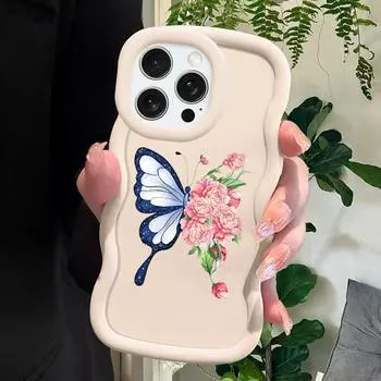 Flowers Butterfly Pattern Phone Cover for iPhone 11 12 13 14 15 Pro Max 6 6S 7 8 Plus Xs Wave Edge Shockproof Protective Rubber Case iPhone 14 розовый