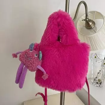 Fluffy Bag Female Autumn Winter Rose Red Handbag Doll Little Monster Furry Bucket Bag