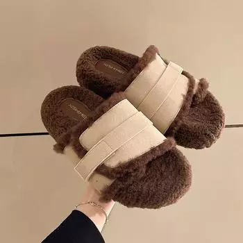 Fluffy Faux Fur Plush Slippers Fashion Design Women Home Slippers Indoor Open Toe Flat Non-slip Leisure Large Size Female Slides 35