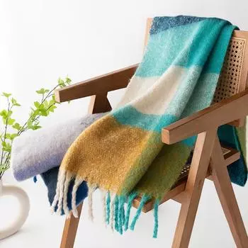 Fluffy Large Brushed Ladies Thermal Scarf Checked Scarf Premium Sense Commuter Shawl 220*45cm