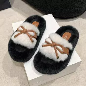 Fluffy Slippers Home Winter Casual Chain Designer Shoes Women Indoor Platform Plush Slides Girls 2024 Fashion Elegant Large Size 35 бежевый