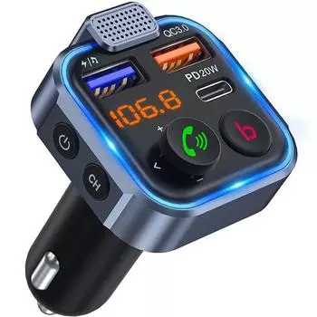 FM-передатчик Внешний микрофон Dual USB PD Type C Быстрая зарядка Автомобильное зарядное устройство Bluetooth 5,0 Радио Громкая связь Автомобильный FM-модулятор чёрный