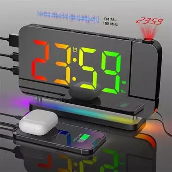FM-радио 180° Проекционный будильник RGB с RGB ночной подсветкой 6 уровней яркости Двойной выходной порт USB 12H/24H Цифровые светодиодные часы белый