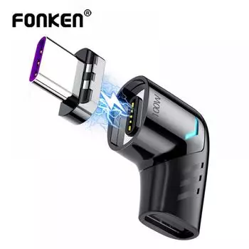 FONKEN 100 Вт USB C Магнитный адаптер Тип C «папа» в Type-C Магнитный преобразователь для Xiaomi Mi 9 Redmi Note 10 Разъем кабеля для быстрой зарядки чёрный