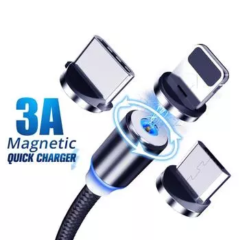 FONKEN 2.4A Магнитный USB-кабель Кабели Micro USB для быстрой зарядки Тип C 360 Круглый магнитный зарядный шнур 1M Micro USB Cable чёрный