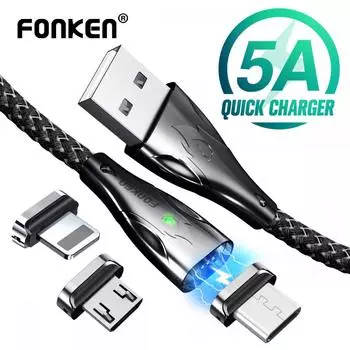 FONKEN 5A Магнитный кабель Тип C Micro USB Магнитные кабели для синхронизации данных Шнур для телефона iPhone Samsung Only Micro USB Plug