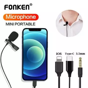 Fonken петличный микрофон-клипса типа C/3,5 мм/интерфейс Lightning для смартфона, микрофон для записи, микрофон 1,5 м 3.5mm Jack Interface чёрный