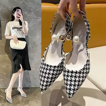 Footwear Pointed Toe Summer 2024 Black Women s Shoes Rhinestones Sandals for Woman Diamond with Medium Heels Closed Wholesale H 35
