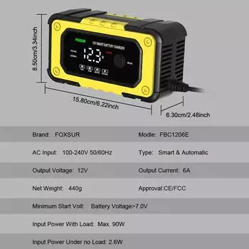 For Auto Moto Lead Acid AGM Gel VRLA EU Plug Smart Battery Charging Car Motorcycle Battery Charger 12V 6A Universal
