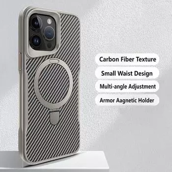 Для iPhone 16 15 14 13 12 Pro Max Мягкая резиновая рамка Magsafe Stand Phone Case Защита линзы Углеродное волокно Текстурированная задняя панель Cover For iPhone 16 Pro Max чёрный