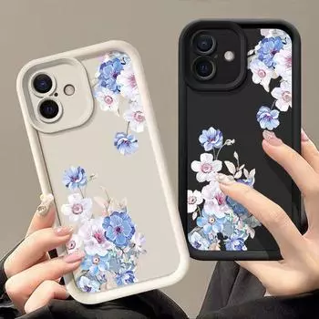 For iPhone 16 Pro 15 14 Plus 13 12 Pro Max 11 Xs Xr 8 7 Flower Pattern Shockproof Soft Tpu Lens Protection Anti-Fall Phone Case Cover iPhone 16 чёрный