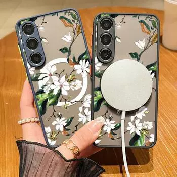 For Magsafe Magnetic Clear Flower Pattern Phone Case for Samsung S24 S22 Ultra S23 S21 S20 Fe A55 A54 A53 A52 A35 A15 Shockproof Soft Edges Hard Cover Samsung S24 чёрный