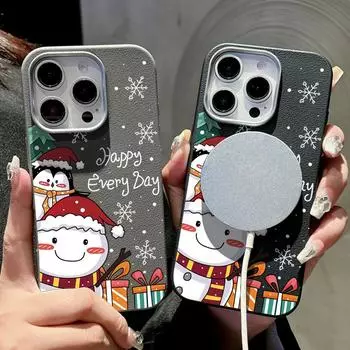 For Magsafe Magnetic Leather Texture Phone Case for iPhone 16 15 Pro 14 Plus 13 12 Pro Max 11 New Year Christmas Snowman Pattern Soft Tpu Slim Cover iPhone 16 чёрный