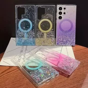 Для Samsung Galaxy S24 S23 S22 Plus Ultra Bling с блестками Magsafe Магнитный чехол для телефона с беспроводной зарядкой Мягкий эпоксидный чехол For S24 синий