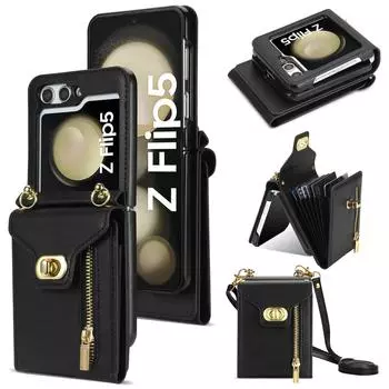 For Samsung Galaxy Z Flip 5 4 3 Case Plain Soft Leather Zipper Wallet Card Bag Crossbody Strap Multifunctional Shockproof Cover for Galaxy Z Flip 5
