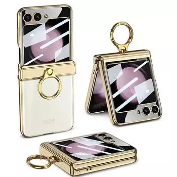 Для Samsung Galaxy Z Flip 5 чехол гальванический прозрачный магнитный складной шарнирный кольцевой кронштейн с зеркальной пленкой противоударный чехол for Galaxy Z Flip 5