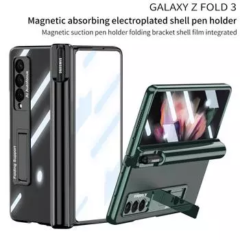 For Samsung Galaxy Z Fold 3 Case Electroplated Transparent Magnetic Folding Hinge Pen Holder With Tempered Film Shockproof Cover for Galaxy Z Fold 3&Case only (no pen)