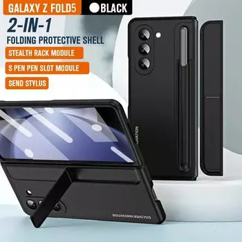 For Samsung Galaxy Z Fold 5 4 Case Matte Removable Pen Slot Kickstand Holder Tempered Film Folding Protect Shockproof Hard Cover For Galaxy Z Fold 5&Case With Pen