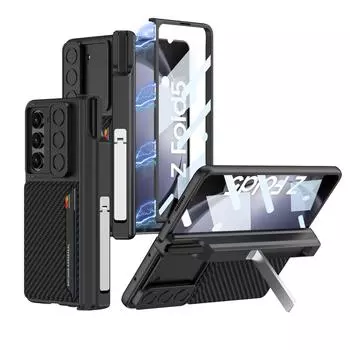 Чехол для Samsung Galaxy Z Fold 5 с выдвижной линзой, матовый магнитный шарнир, держатель для ручки, подставка, сумка для карт, закаленная пленка, противоударный чехол for Galaxy Z Fold 5&case only (no pen)