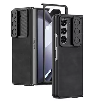 Чехол для Samsung Galaxy Z Fold 5, ультратонкий однотонный кожаный матовый чехол с закаленной пленкой, складной противоударный задний чехол с нажимной линзой for Galaxy Z Fold 5