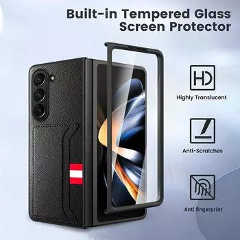For Samsung Galaxy Z Fold 5 Case Luxury Lychee Leather Card Bag With Tempered Film Folding Shockproof Protection Hard Back Cover for Galaxy Z Fold 5