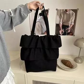 Foreign-style large-capacity canvas bag women s 2025 new pleated lace tote bag spring versatile shoulder bag темно-серого