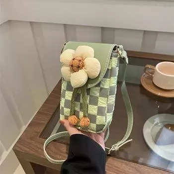 Foreign style simple and fashionable plaid flower small bag women s 2025 spring new versatile messenger bag mobile phone bag зелёный