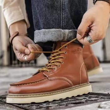 Foreign trade autumn and winter Martin boots genuine leather British men s short boots trendy tooling high-top Korean version of fashion leather boots 35 чёрный
