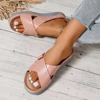 Foreign trade European and American large size buckle belt women s slippers summer new slope heel sandals cross belt beach cool slippers women 36 розовый