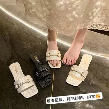 Foreign trade flat bottom with slippers women s Korean version flat sandals casual Internet celebrity drag 2025 new open-toed sandals 35 чёрный