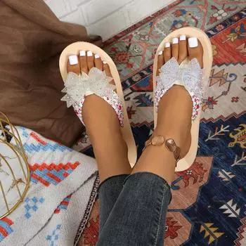 Foreign trade large size thick-bottomed toe slippers women s ins fashionable and comfortable casual bow Roman beach slippers 36 белый