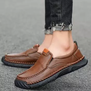 Foreign trade men s leather shoes hand-stitched leather shoes trend simple versatile shoes men s outdoor large size Shoes 38 серый