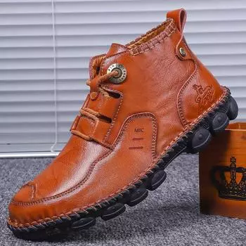 Foreign trade men s Martin boots retro outdoor hand-sewn leather high-top small leather boots Shoes 38 чёрный