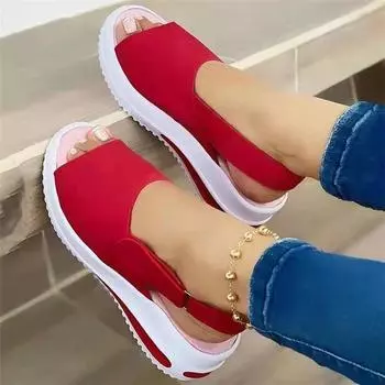 Foreign trade new fish mouth sandals Europe and America 2025 summer slope heel beach low top large size 43 shallow mouth women s sandals 35 красный