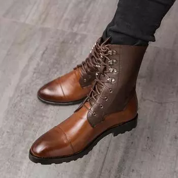 Foreign trade new trend knight boots men s large size British style casual color matching Martin boots men s fashion high-top leather boots 38 коричневый