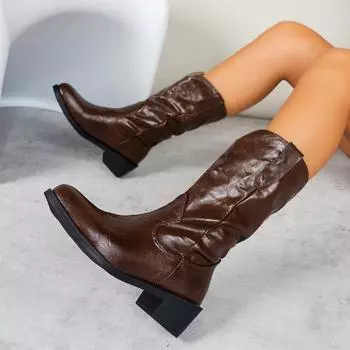 Foreign trade thick heel thin boots women s 2025 autumn and winter new stacked medium boots fashionable V-port European and American large size 35 коричневый