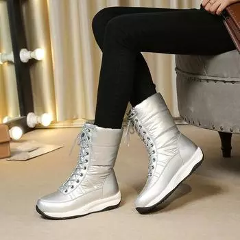 Foreign trade women s boots snow boots winter cotton boots women s shoes medium tube piled thickened thermal cotton shoes flat-soled lace-up down bo 35 чёрный