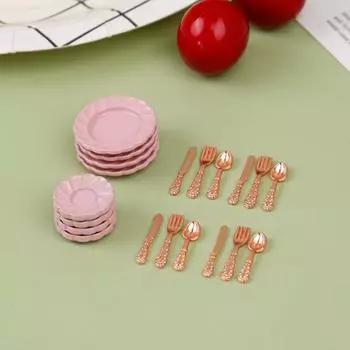 Fork Spoon Dollhouse Tableware Set Mini Cutlery Simulation Kitchen Dish Childrens Toy 16Pcs